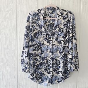 Intimately Free People Blue White Floral Paisley Oversized Tunic Button Down XS